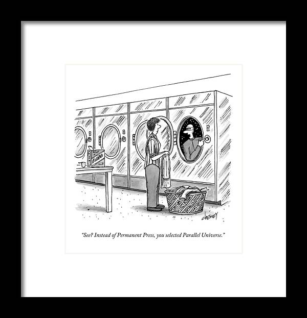 Laundry Framed Print featuring the drawing A Woman Doing Laundry With A Spaceman Coming by Tom Cheney