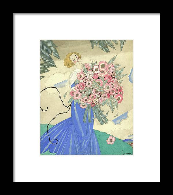 Fashion Framed Print featuring the digital art A Woman In A Blue Dress Holding A Bouquet by Georges Lepape