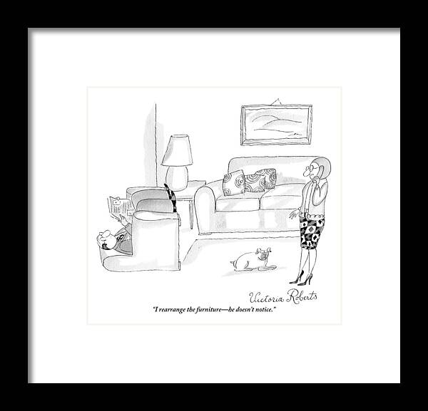 Furniture Framed Print featuring the drawing A Woman Talking On The Phone While Her Husband by Victoria Roberts