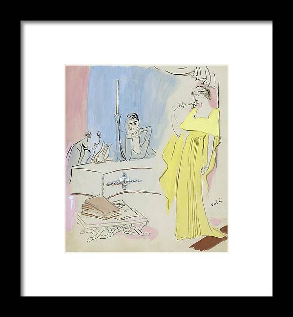 Music Framed Print featuring the digital art A Woman Wearing A Maggy Rouff Gown Facing Two Men by Marcel Vertes