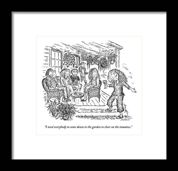 Gardener Framed Print featuring the drawing A Woman With A Glass Of Wine Is Standing by Edward Koren