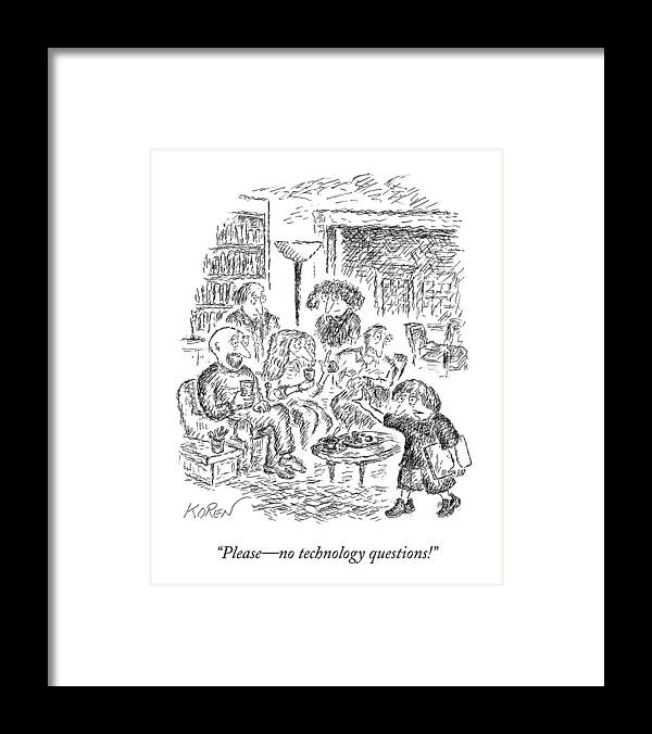 Technology Framed Print featuring the drawing A Young Boy Walks Through A Room Of Adults by Edward Koren