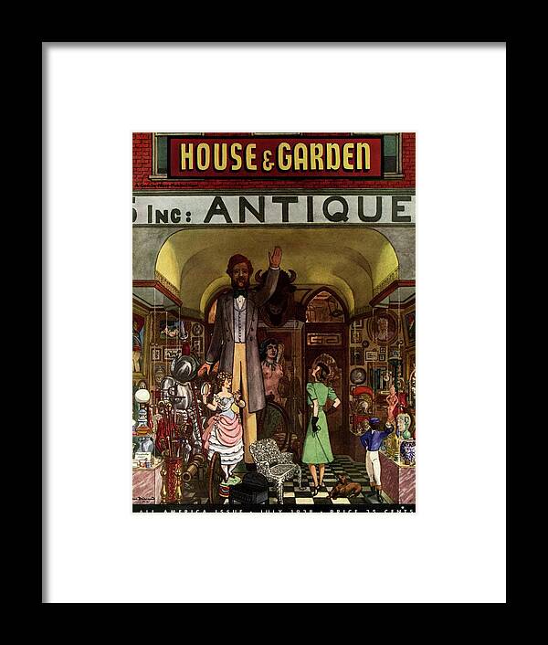 House And Garden Framed Print featuring the photograph A Young Matron In Front Of A Antique Store by Pierre Brissaud