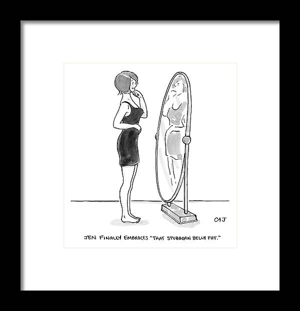 Mirror Framed Print featuring the drawing A Young Woman Stands Facing A Full-length Mirror by Carolita Johnson