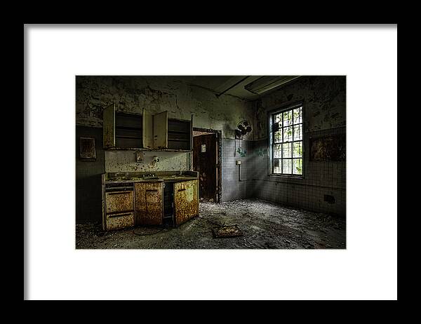 Spooky Places Framed Print featuring the photograph Abandoned building - Old asylum - Open cabinet doors by Gary Heller