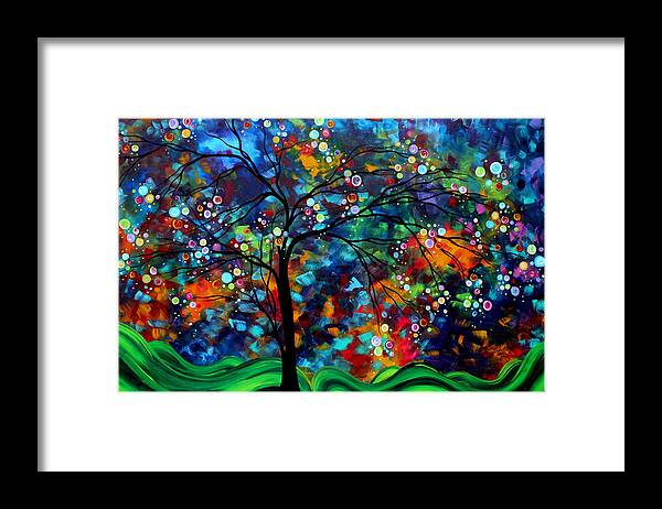 Abstract Framed Print featuring the painting Abstract Art Original Landscape Painting Bold Colorful Design SHIMMER IN THE SKY by MADART by Megan Duncanson