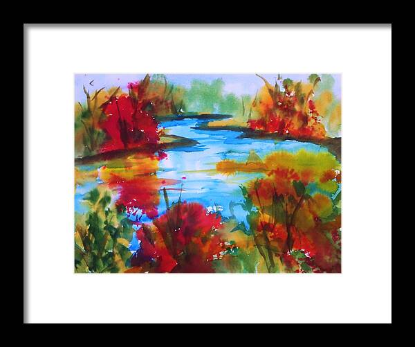 Autumn Framed Print featuring the painting Abstract - Autumn Blaze on Catskill Creek by Ellen Levinson