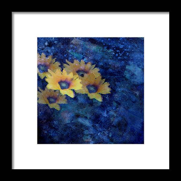 Flower Framed Print featuring the mixed media Abstract Daisies on Blue by Ann Powell