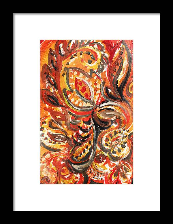 Abstract Framed Print featuring the painting Abstract Floral khokhloma Warm Twirl by Irina Sztukowski