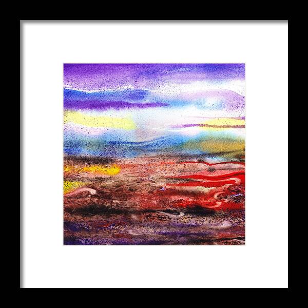Abstract Framed Print featuring the painting Abstract Landscape Purple Sunrise Early Morning by Irina Sztukowski