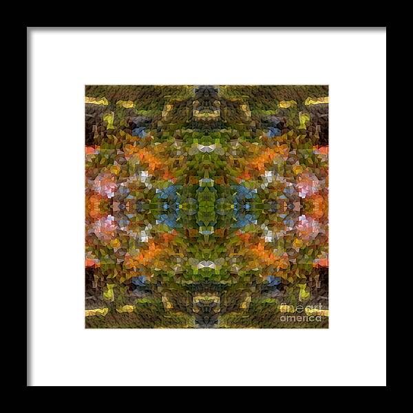 Green Framed Print featuring the digital art Abstract Mosaic in Green Blue Orange by Beverly Claire Kaiya