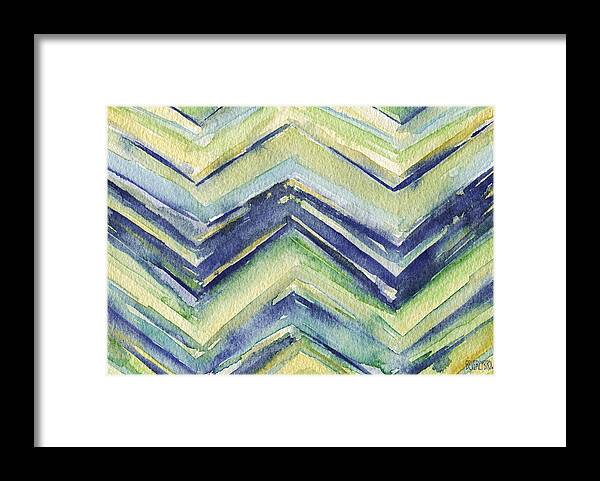 Abstract Framed Print featuring the painting Abstract Watercolor Painting - Blue Yellow Green Chevron Pattern by Beverly Brown Prints