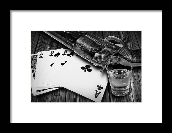 Game Framed Print featuring the photograph Aces and Eights with Shot Glass and Revolver by Randall Nyhof