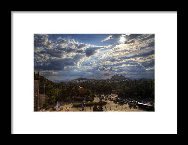 Acropolis Framed Print featuring the photograph Acropolis from the Kallimarmaro by Micah Goff