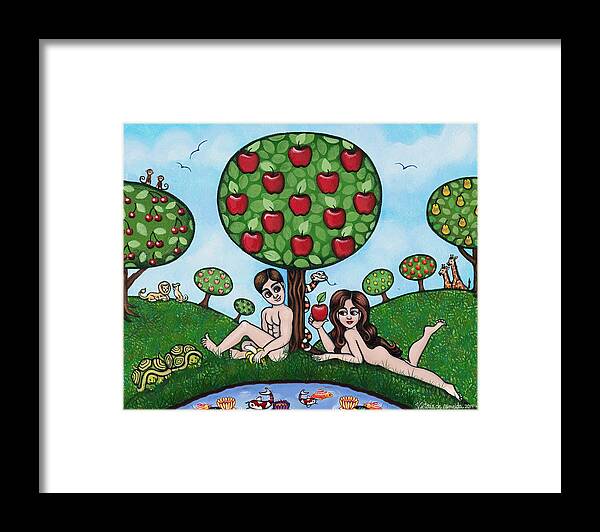 Adam And Eve Framed Print featuring the painting Adam and Eve The Naked Truth by Victoria De Almeida