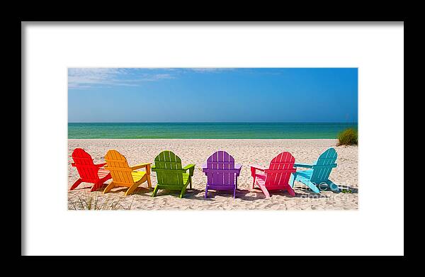 Beach Chairs Framed Print featuring the photograph Adirondack Beach Chairs for a Summer Vacation in the Shell Sand by ELITE IMAGE photography By Chad McDermott