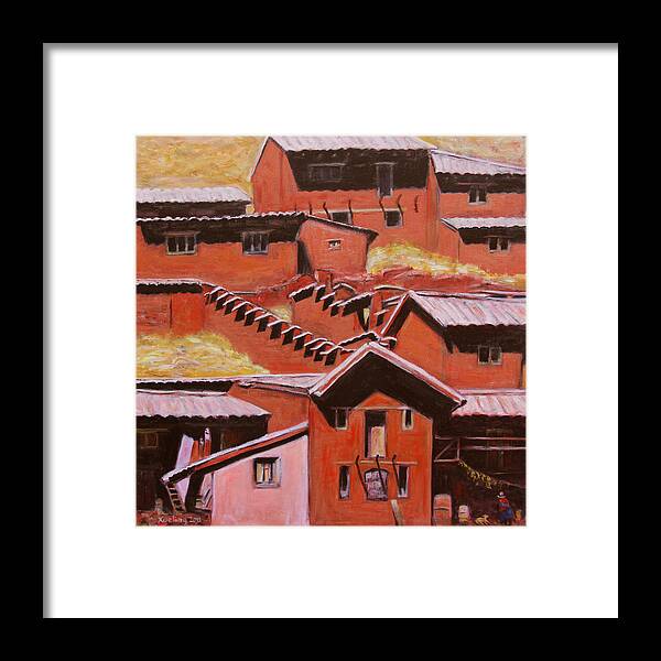 Landscape Framed Print featuring the painting Adobe Village - Peru Impression II by Xueling Zou