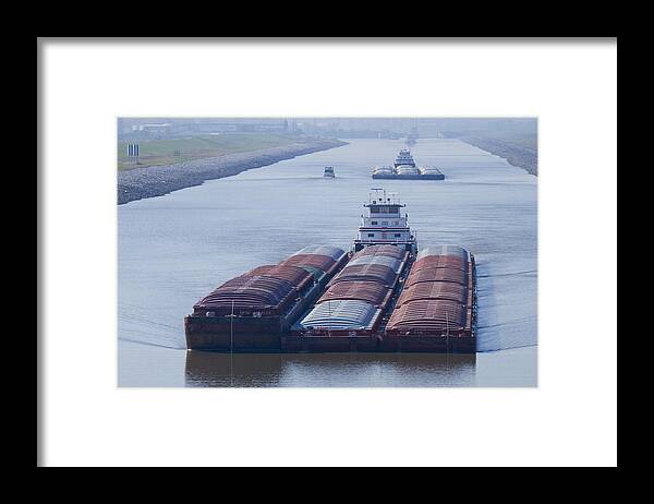 Towboats Framed Print featuring the photograph AEP Tow passing through the Chain of Rocks Canal by Garry McMichael