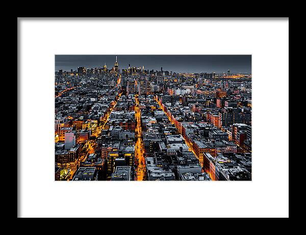 Aerial Framed Print featuring the photograph Aerial view of New York City at night by Mihai Andritoiu