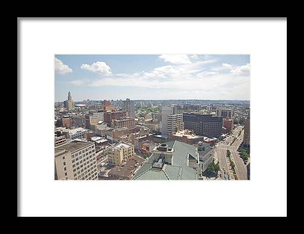 Viewpoint Framed Print featuring the photograph Aerial View Of Rooftops And City Skyline by Barry Winiker