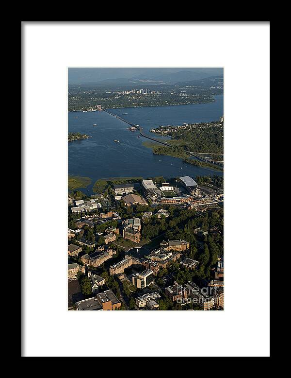 Bellevue Skyline Framed Print featuring the photograph Aerial view of the new Husky stadium by Jim Corwin