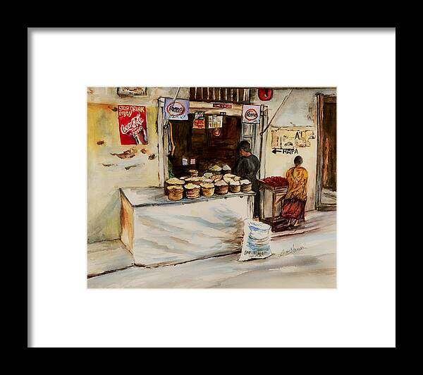 Duka Framed Print featuring the painting African corner store by Sher Nasser