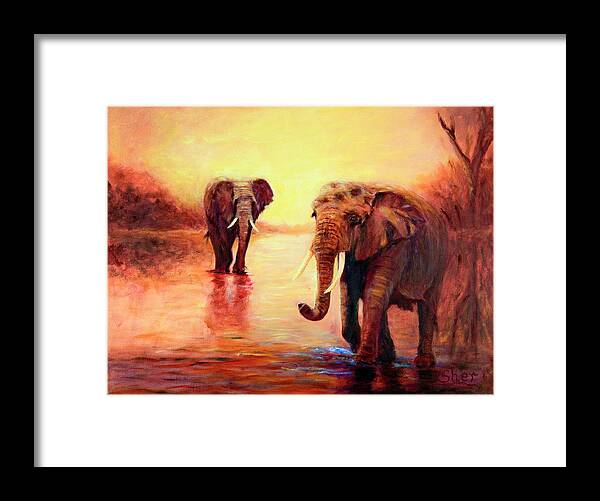 African Elephants Framed Print featuring the painting African Elephants at Sunset in the Serengeti by Sher Nasser