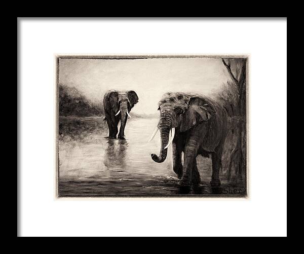 African Elephants Framed Print featuring the painting African Elephants at Sunset by Sher Nasser