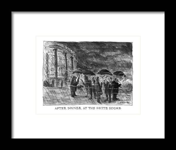 After Dinner At The White House
(group Of People With Umbrellas Framed Print featuring the drawing After Dinner At The White House by James Stevenson