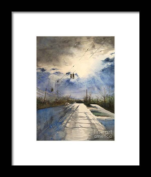 Road Framed Print featuring the painting After Rain -on the Michigan Ave. Saline Michigan by Yoshiko Mishina