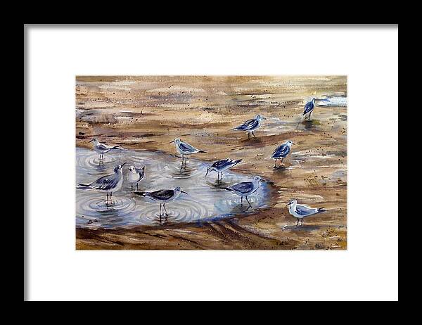 Birds Framed Print featuring the painting Afternoon fun on the beach by Katerina Kovatcheva
