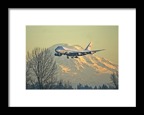Air Force One Framed Print featuring the photograph Air Force One and Mt Rainier by Jeff Cook