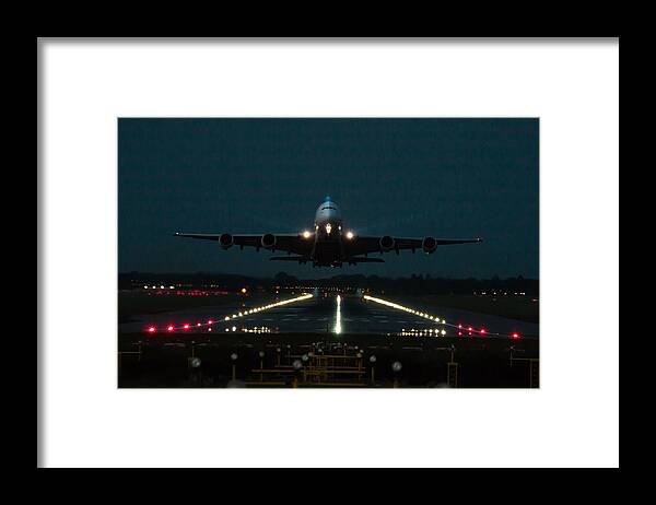 Emirates Airbus A380 Dusk Take Off London Gatwick London-gatwick Lgw Runway Jet Airline Airliner Airplane Jumbo Aeroplane Departure Dubai Framed Print featuring the photograph Airbus A380 take-off at dusk by Tim Beach