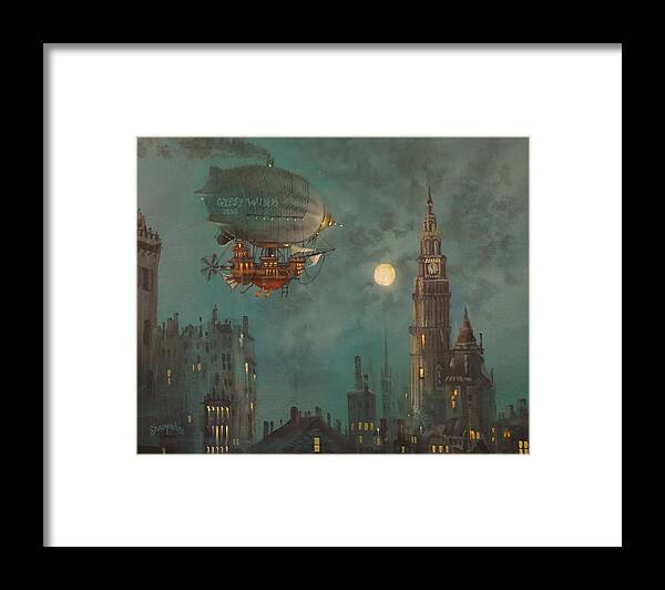 Airship Framed Print featuring the painting Airship by Moonlight by Tom Shropshire