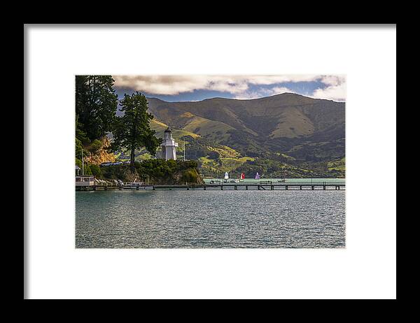 New Zealand Framed Print featuring the photograph Akaroa Lighthouse by John and Julie Black