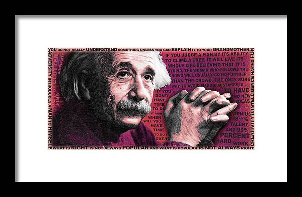 Albert Einstein Framed Print featuring the painting Albert Einstein and Quotes Red by Tony Rubino