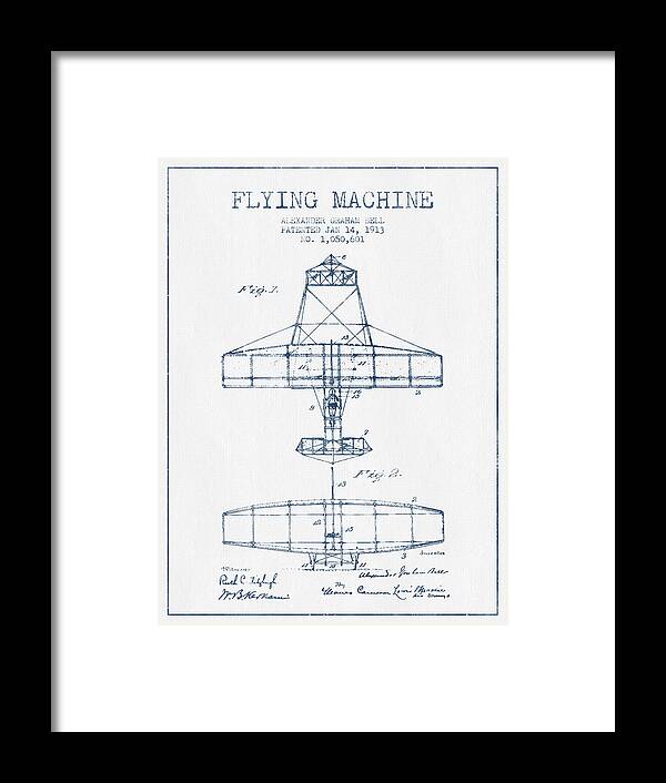 Alexander Graham Bell Framed Print featuring the drawing Alexander Graham Bell Flying Machine Patent from 1913 - Blue Ink by Aged Pixel