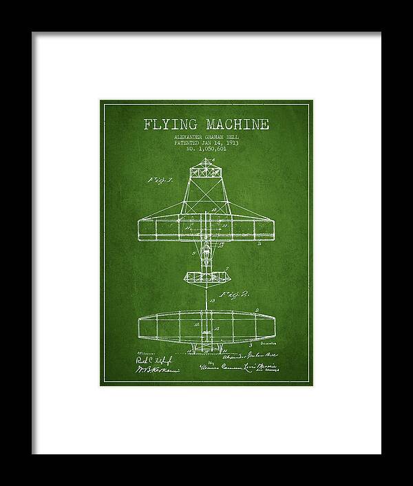 Alexander Graham Bell Framed Print featuring the drawing Alexander Graham Bell Flying Machine Patent from 1913 - Green by Aged Pixel