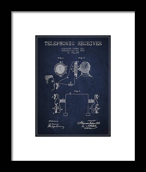 Alexander Graham Bell Framed Print featuring the drawing Alexander Graham Bell Telephonic Receiver Patent from 1881- Navy by Aged Pixel