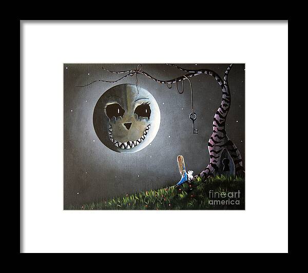 Alice In Wonderland Framed Print featuring the painting Alice In Wonderland Original Artwork - Alice And The Cheshire Moon by Moonlight Art Parlour
