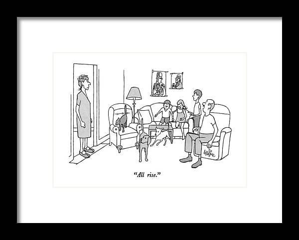

 Father Calls Out As Tough-looking Mother Enters The Living Room. The Children Framed Print featuring the drawing All Rise by George Price