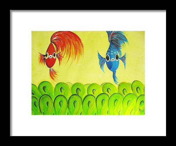 Whimsical Fish Framed Print featuring the painting Alpha and Beta by Oiyee At Oystudio