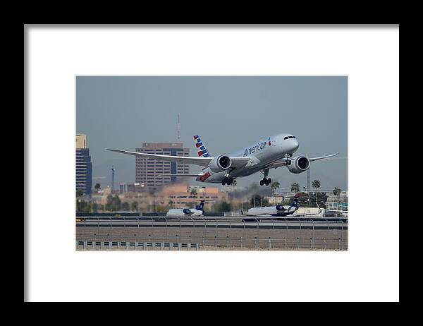 Airplane Framed Print featuring the photograph American Airlines second Boeing 787-823 N801AC tale-off Phoenix Sky Harbor March 9 2015 by Brian Lockett