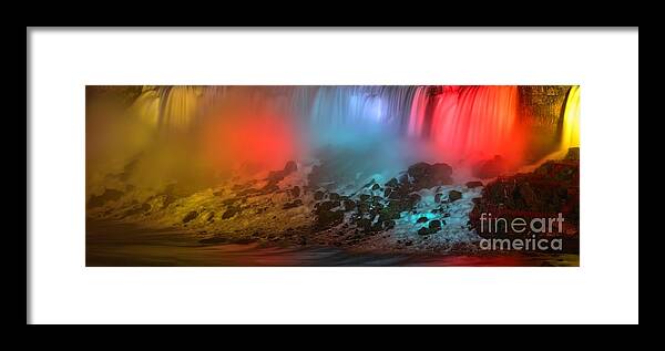American Falls Panorama Framed Print featuring the photograph American Falls Rainbow by Adam Jewell