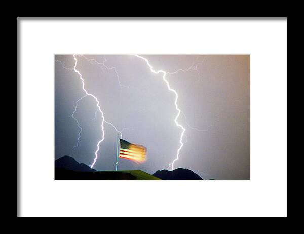 Lightning; Lightening; American Flag; Usa; Americana; Storm; Weather; Nature Framed Print featuring the photograph American Flag Lightning Strikes by James BO Insogna