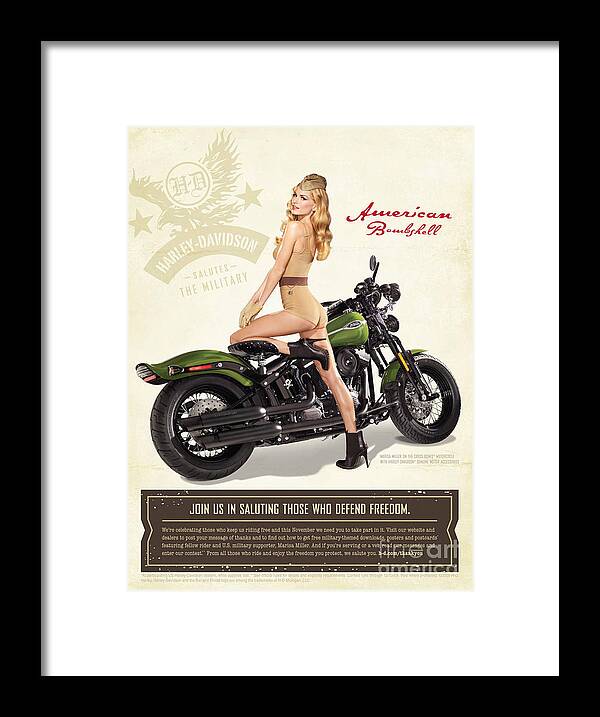 Vintage Framed Print featuring the photograph American Harley Pin Up by Action
