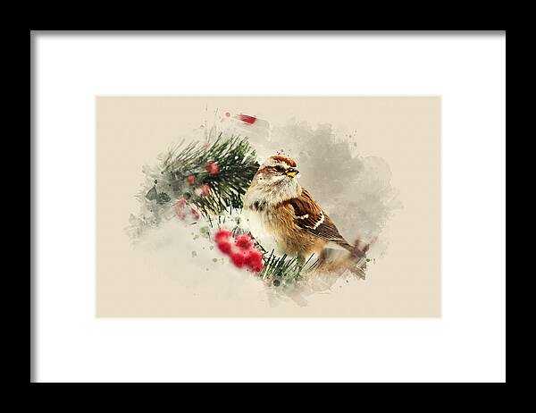 Bird Framed Print featuring the mixed media American Tree Sparrow Watercolor Art by Christina Rollo