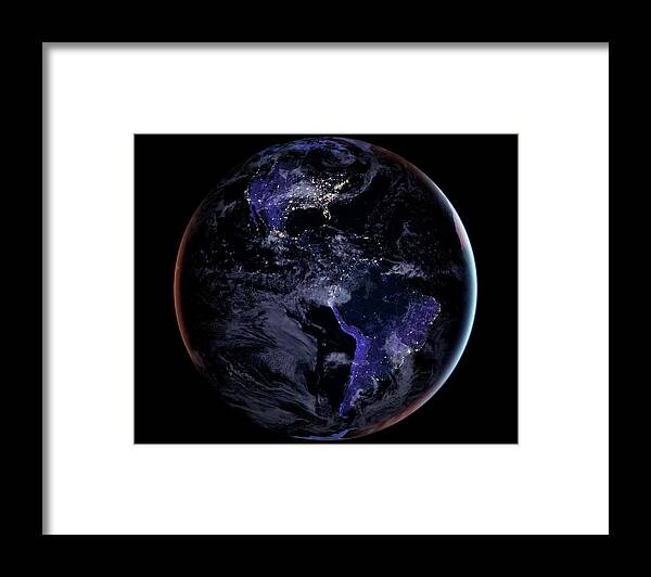 Earth Framed Print featuring the photograph Americas At Night by Nasa Earth Observatory/joshua Stevens/miguel Roman/gsfc/science Photo Library
