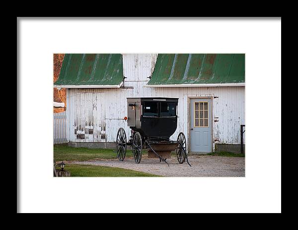 Amish Buggy Framed Print featuring the photograph Amish Buggy White Barn by David Arment