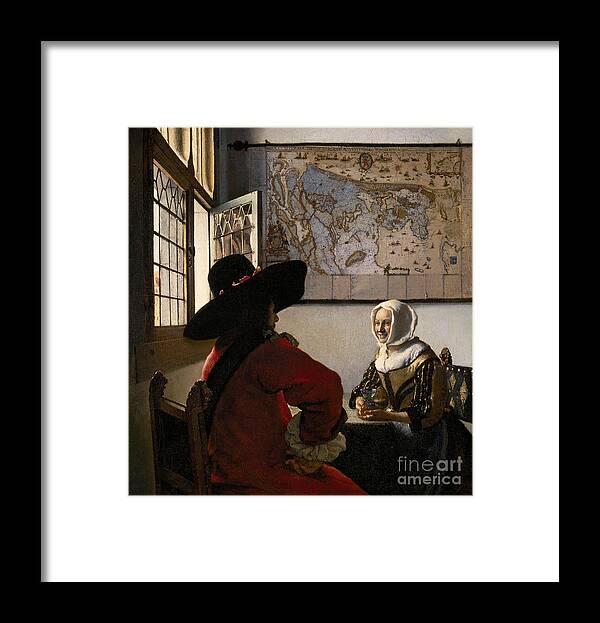 Amorous; Couple; Male; Female; Love; Lover; Lovers; Admirer; Coy; Shy; Reserved; Courting; Flirtation; Flirting; Laughing; Girl; Smile; Smiling; Gallant; Seated; Interior; Open; Window; Traditional; Dress; Costume; Headdress; Hat; Dutch; Domestic Framed Print featuring the painting Amorous Couple by Vermeer by Jan Vermeer